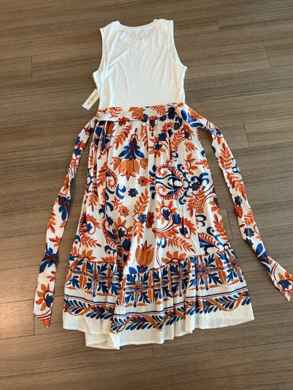 Boho Floral High Low Maxi Sleeveless Dress Tie Waist Tag XL Fits Medium NEW - Picture 6 of 11